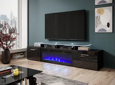 Produktbild von TV - Lowboard Fernsehtisch TV Schrank ROVA mit Kamin schwarz 190 x 48 x 37cm