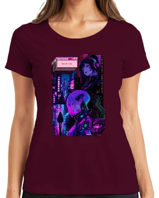 Productafbeelding van T-shirt voor dames, met print: "Tijd voor een dutje", anime-stijl, cyberpunk, vaporwave, neon, Japan, Y2K, manga. Kleur: bordeauxrood, maat: XL