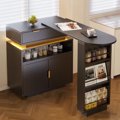 Produktbild von Flieks Ausziehbarer Bartisch mit Stauraum, LED‑Beleuchtung, 360° Drehfunktion, ausziehbare Kücheninsel, Bartisch 115-183x40x99.5cm, Schwarz
