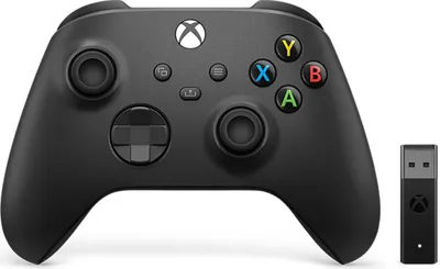A black Xbox wireless controller and a wireless adapter are shown against a white background.