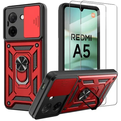 Image de Coque pour Xiaomi Redmi A5, Protection Résistante avec Anneau et Cache Caméra Coulissant - Rouge + 2 Verres Trempés