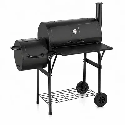 Produktbild von Holzkohlegrill mit Deckel, BBQ Smoker, Grillwagen aus Stahl, 109 x 60 x 120 cm, Schwarz, Thermometer, Schornstein, Räder, für Garten und Terrasse