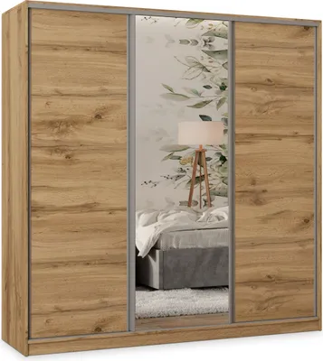 Produktbild von Masseno Schiebetürenschrank TARI 200/205/58 cm Kleiderschrank mit 4 Schubladen Schlafzimmer Schrank 3-türig mit Spiegel Eiche Wotan