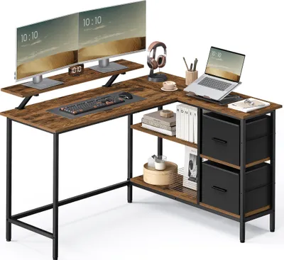 Produktbild von VASAGLE L-förmige Schreibtisch Eckschreibtisch Computertisch mit Schubladen Vintage