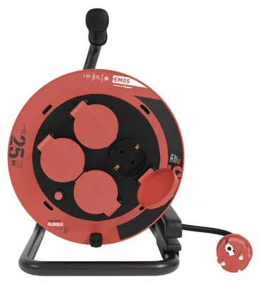Productafbeelding van EMOS kabelhaspel, 25 meter, 4 stopcontacten, spatwaterdicht, slagvast, 230V, 10A, 2300W, rubberen isolatie, H05RR-F3G 1,0 mm², IP44 voor buitengebruik, P082251