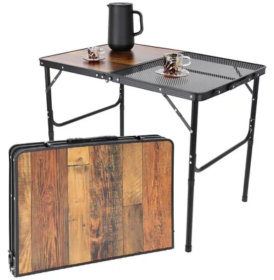 Obrázek produktu pro Skládací Turistický A Kempingový Stolek 90 × 60 × 36–68 Cm, Ocelová Mřížka, Dřevo