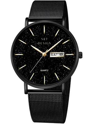 Produktbild von S&T Design Armbanduhr, Herren, Luxus, Edelstahl, schwarz, Quarz, Datum, spritzwassergeschützt, stabiles Gehäuse, verstellbares Armband, einfacher Verschluss, Länge 220mm, Breite 40mm, Dicke 9mm, Uhrenbox enthalten