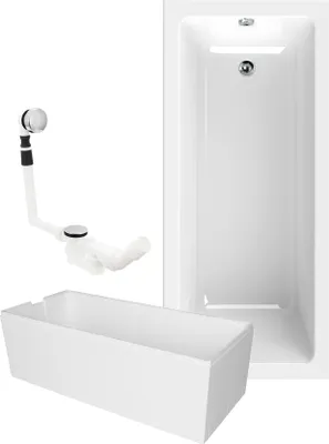 A white bathtub and its accessories are displayed against a white background.