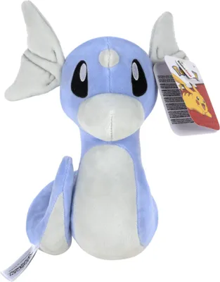 A plush toy of the Pokemon Dratini is shown against a white background.