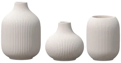 Productafbeelding van Keramische vaas set - 15 cm - 3 stuks - Beige ribbelpatroon