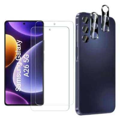 A Samsung Galaxy A26 5G phone with screen protectors and a camera lens protector.