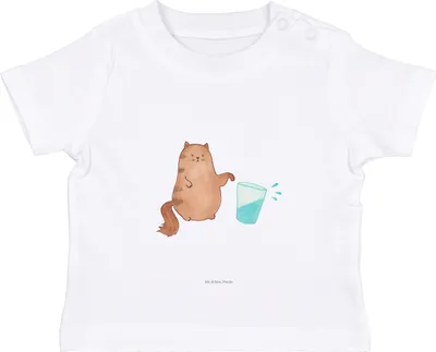 Produktbild von Mr. & Mrs. Panda  T-Shirt Katze Wasserglas 6. - 12. Monat - Weiß - Geschenk, Babyshirt, Baby Shirt, Glas, Cat, Wasser, Katzen, Jerseyshirt, Kurzarmshirt, Kinder Top