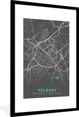 Produktbild von MuchoWow® Gerahmtes Poster Karte - Velbert - Blau - Stadtplan - Deutschland 60x90 cm - Poster mit Schwarzem Bilderrahmen Wandposter Rahmen Foto Bilder - Dekoration - Wandposter Wohnzimmer - Hochwertig