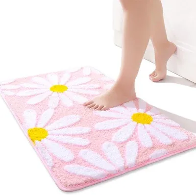 Produktbild von Famanu Badezimmermatte Rosa mit Blumenmuster - 50 x 80 cm, rutschfeste Mikrofaser, waschbar, super saugfähig