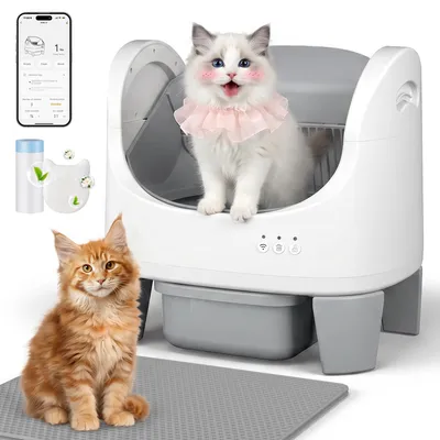 Image de Litière autonettoyante pour chats, modèle ouvert, avec contrôle via application et système de sécurité pour éviter que les chats ne se coincent