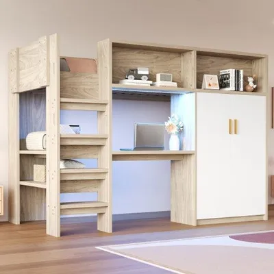 Image de Lit mezzanine avec bureau, 90 × 200 cm, avec armoire, tiroir, bacs de rangement et éclairage LED, avec sommier à lattes, aspect bois