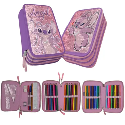 A set of pencil cases, one closed and two open, displaying stationery.