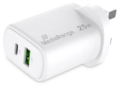 Image de MediaRange MRMA112-UK MediaRange Ladegerät 25W 2-Port 1x USB-A/1x USB-C UK, weiß
