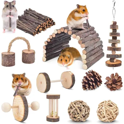 Produktbild von Kauspielzeug 11 Stück Naturholz für Hamster Kaninchen Meerschweinchen Chinchilla Zahnpflege Glockenrolle