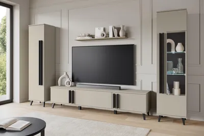 Produktbild von MINIO go for it, HURON II Wohnwand – Wandregal mit 2 Schränken, TV-Lowboard, 1 Hängeregal, Kunststoffbeine, ohne LED-Beleuchtun, Beige Congo/Schwarz
