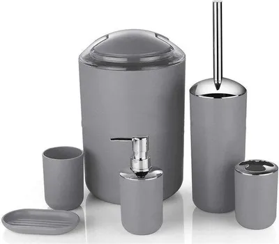 Immagine prodotto di Set di accessori da bagno moderni, 6 pezzi, grigio, pratico