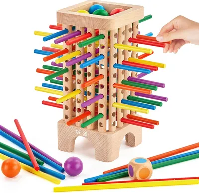 Produktbild von Montessori Spiel Brettspiel aus Holz, 42 Stück Bunte Holzstäbchen Würfelspiel Mathematik Lernspielzeug ab 3 4 5 6 Jahre