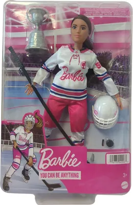 Produktbild von Barbie Wintersport Eishockeyspielerin-Puppe brünett, kurvige Form (30 cm) mit Hemd, Helm, Hockeyschläger, Puck & Trophäe, für Kinder ab 3 Jahren