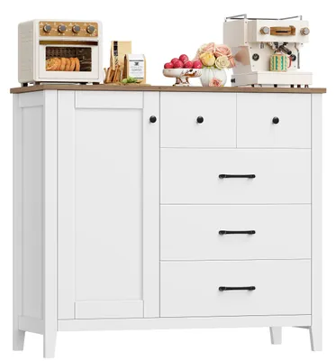 Produktbild von Sideboard - Küchen Buffetschrank - 5 Schubladen 1 Tür - Holz Anrichte - Modern Minimalistisches Design - Für Küche Esszimmer Wohnzimmer Flur - Weiß