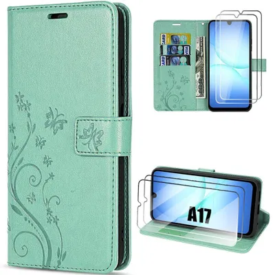 Image de Coque + 2 Verres Trempés pour Samsung Galaxy A17 4G/5G, Protection Antichoc Synthécuir Vert Motif Papillon