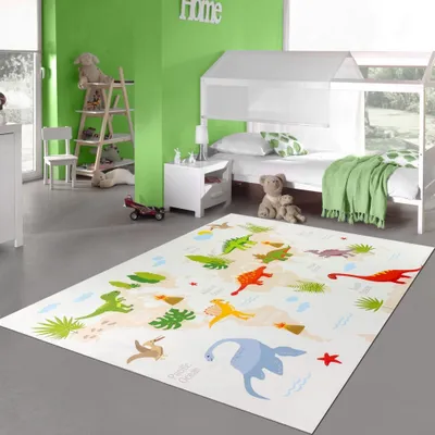 Immagine prodotto di Tappeto antiscivolo per la cameretta dei bambini con motivo dinosauri, colore beige - 140 x 200 cm