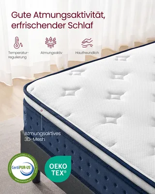 Produktbild von VASAGLE Federkernmatratze Taschenfederkernmatratze, Gel-Memory-Schaum, mittelfest, Schlafzimmer, atmungsaktiv, blau, 140 x 200 x 20 cm,