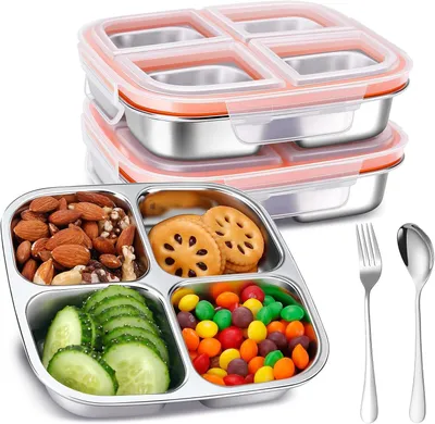 Productafbeelding van Roestvrijstalen snackbox, 2 stuks, met 4 compartimenten, 600 ml, voor onderweg