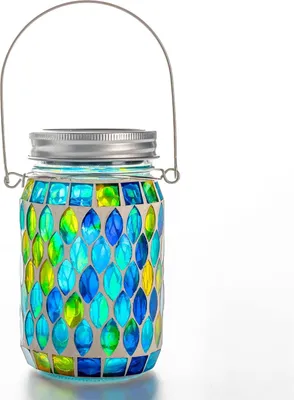 Produktbild von Solar-Einmachglasleuchte, wasserdichte Hängeleuchte aus Mosaikglas für den Außenbereich, dekorative Solarlampe als Nachtlicht für Gartentisch, Boden oder Baumdekoration