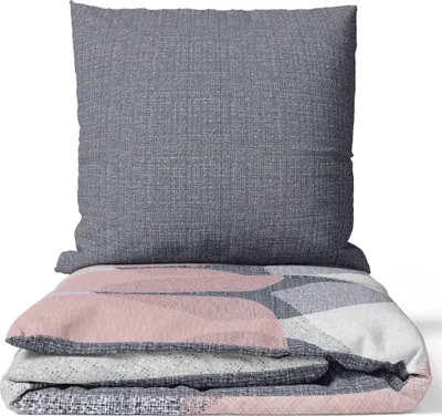 Produktbild von Renforce Baumwollbettwäsche 4-teilig Set 135x200 Rosa Grau Weiß Kreise Meliertes Design mit Reißverschluss
