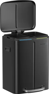 A black dual-compartment kitchen trash can with its lid open.