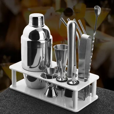 Image de Cocktail Shaker, 12 pièces cocktail professionnel, kit cocktail en acier inoxydable pour barman professionnel, home martini shaker, avec support