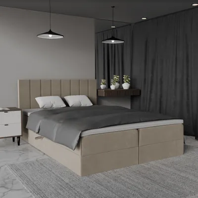 Image de QLA Meubles Lit Boxspring Bergamo 160x200 avec 2 caissons de lit, lit double avec matelas et topper, lit rembourré, lit. Couleur beige