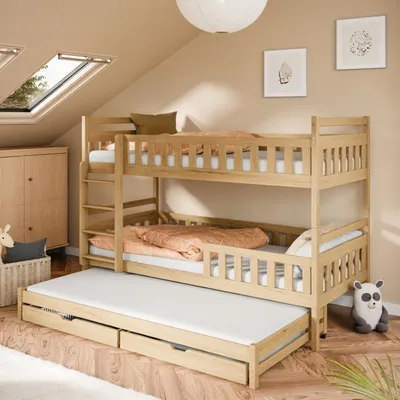 Produktbild von Kids Collective Etagenbett Hochbett Stockbett Kinderbett 90x200 cm mit Ausziehbett und Schubladen Umbaubar zu 3 Einzelbetten mit Matratze Lattenrosten & Rausfallschutz natur