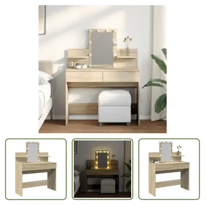 Produktbild von The Living Store Schminktisch mit LED-Beleuchtung Sonoma-Eiche 100x40x130 cm