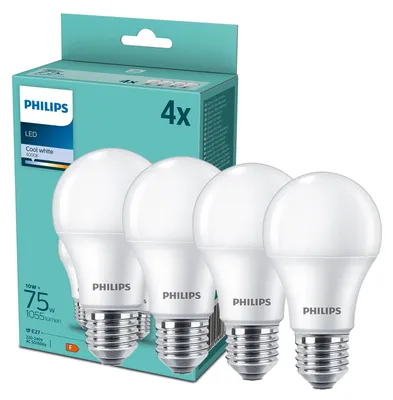 Zdjęcie produktu dla Philips Żarówka bańkowa 75 W A60 E27 x4, 10 W, 75 W, E27, 1055 lm, 15000 h, Zimne białe