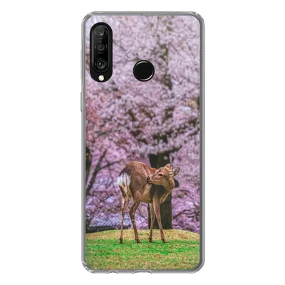 Produktbild von MuchoWow® Handyhülle Schutzhülle Hülle für Huawei P30 Lite Hirsch - Rosa - Blüte Silikon Softcase Handy Hülle - Handyhülle