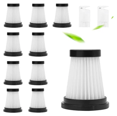 A collection of vacuum cleaner filters and two small cleaning tools on a white background.