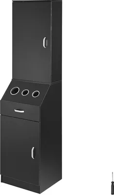 Image de Armoire de rangement de salon, station de coiffure pour coiffeurs, ensemble de stations de coiffure, avec 3 supports de sèche-cheveux, des armoires et un tiroir, noir, 44 x 40 x 180 cm