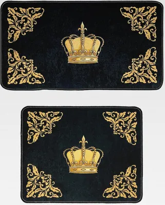 Produktbild von Badezimmerteppich Badematte Duschmatte Badvorleger Duschvorleger Fußmatte Krone Muster Set 2 teilig in schwarz Gold - rutschfest waschbar Fussbodenheizung geeignet flauschig - 2er SET, Design3: Krone
