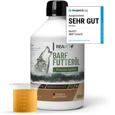 Produktbild von REAVET Profi Futteröl 500ml Hunde, 1.Kaltpressung - Barföl, Futteröl kaltgepresst Hund, hochwertige & perfekte Mischung, Barf Zusatz für Hunde I natürlich & artgerecht