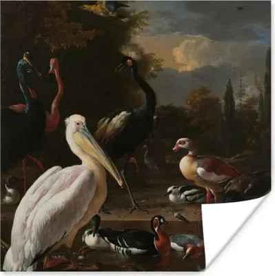 Produktbild von MuchoWow® Poster Ein Pelikan und andere Vögel in der Nähe eines Wasserbeckens - Gemälde von Melchior d'Hondecoeter 50x50 cm - Wohnzimmerdekoration