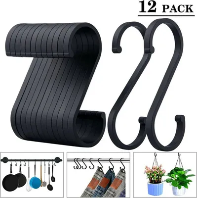 Produktbild von 12x S-Haken Grid Wand Lagerung Racks Bäcker Racks Küchenhaken Fleischerhaken Metallhaken S-Form Hängend, schwarz