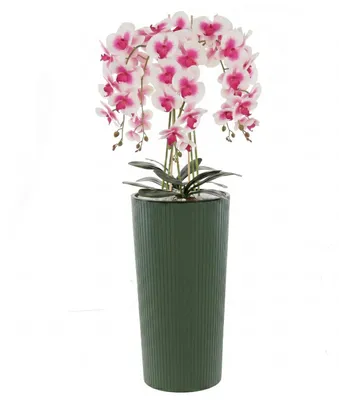 Immagine prodotto di Bouquet a cascata di orchidee artificiali Cremerosa in vaso con scanalature verdi, H 107,5 cm, fiori gommati, 5 rami. Decorazione per l'ufficio a casa. Bella ed elegante.