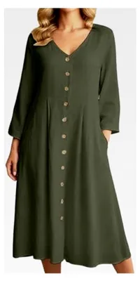 Produktbild von Leinenkleid Damen Sommer mit Knopfleiste, Kurzarm, V-Ausschnitt, Boho-Stil, einfarbig, locker, Kaftan, Blusenkleid, Maxikleid, Freizeitkleid, Puffkleid, Bleistiftkleid