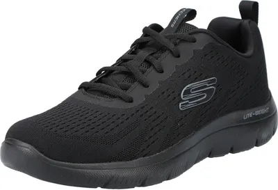 A black Skechers sneaker is shown from a side-angle on a white background.